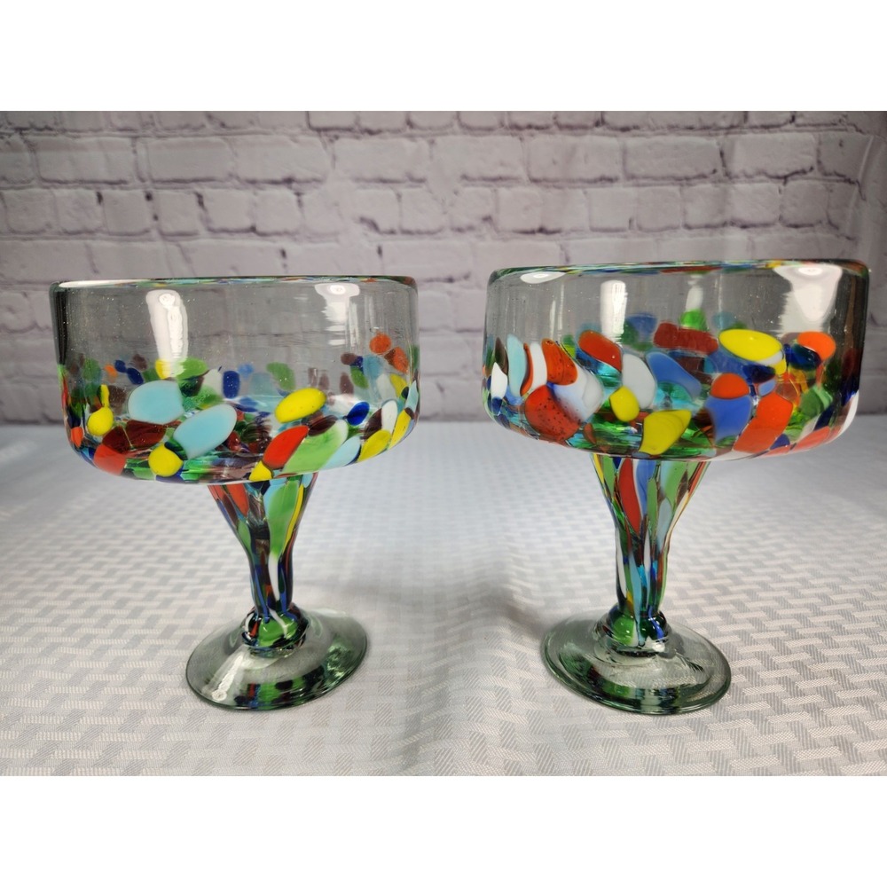 2 NEW Margarita Confetti Glasses Heavy Handblown 16oz Mexico Brilliant Colors!